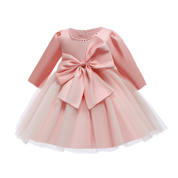 

Toddler Girl Big Bow Pearl Beaded Mesh Hem Party Dress, Baby pink