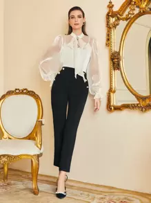 Modelyn Pearls Bow Front Flounce Sleeve Blouse Without Cami Top - Beige - View 1