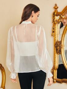 Modelyn Pearls Bow Front Flounce Sleeve Blouse Without Cami Top - Beige - View 2