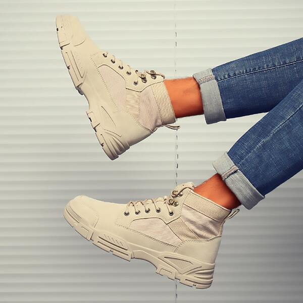 

Men Lace-up Front High-top Sneakers, Khaki