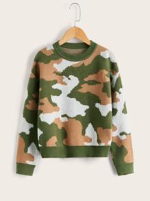 SHEIN Boys Camo Pattern Drop Shoulder Jumper - Multicolor - View 1
