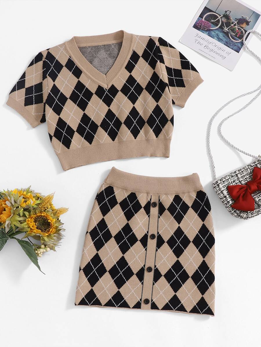 SHEIN Niñas Top de punto con patrón de rombo & falda - Multicolor - Ver 1