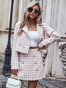 Double Breasted Plaid Tweed Overcoat - Red and White - View 4