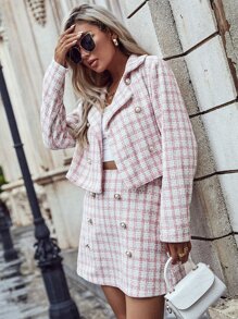 Double Breasted Plaid Tweed Overcoat - Red and White - View 6