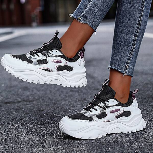 

Colorblock Lace-up Front Chunky Sneakers, White