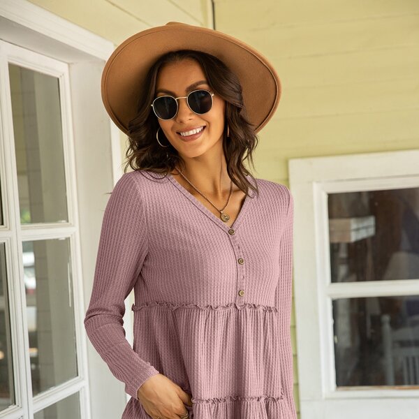 

Waffle Knit Frill Trim Smock Tee, Hot pink