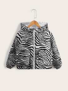 SHEIN Tween Girl Zebra Striped Hooded Padded Coat - Black and White - View 1