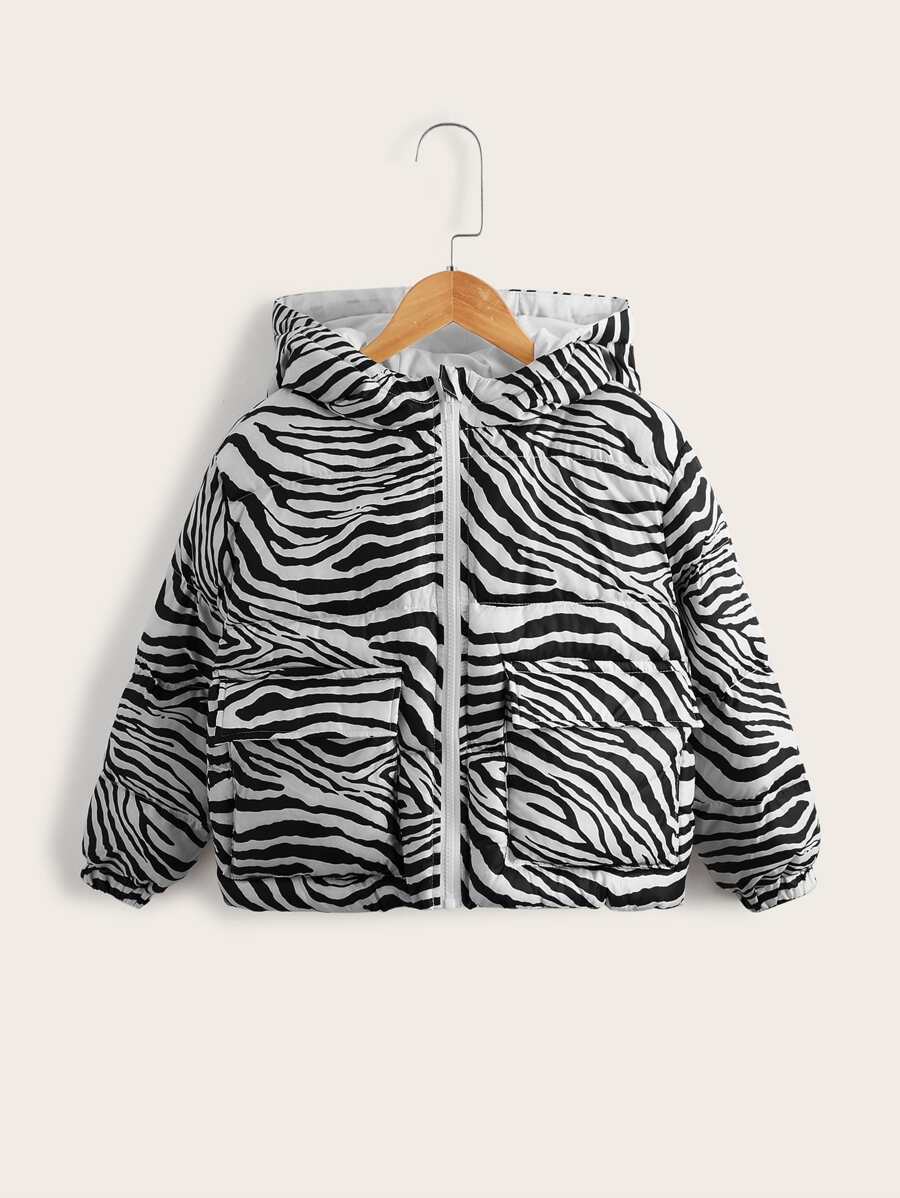 SHEIN Tween Girl Zebra Striped Hooded Padded Coat - Black and White - View 1