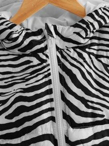 SHEIN Tween Girl Zebra Striped Hooded Padded Coat - Black and White - View 3