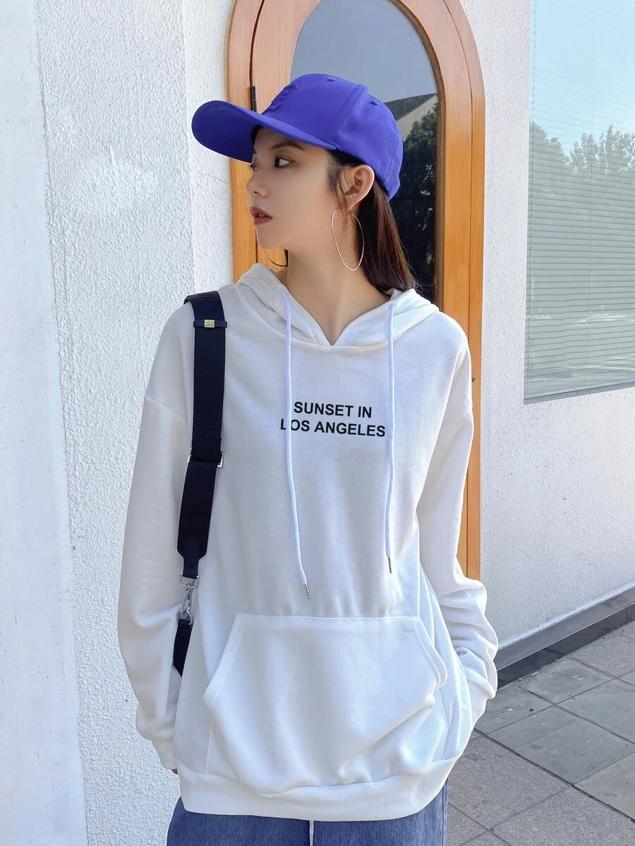 Letter Graphic Drop Shoulder Drawstring Hoodie