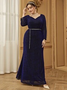 Modelyn Plus Sweetheart Neck Puff Sleeve Belted Dress - Navy Blue - View 1