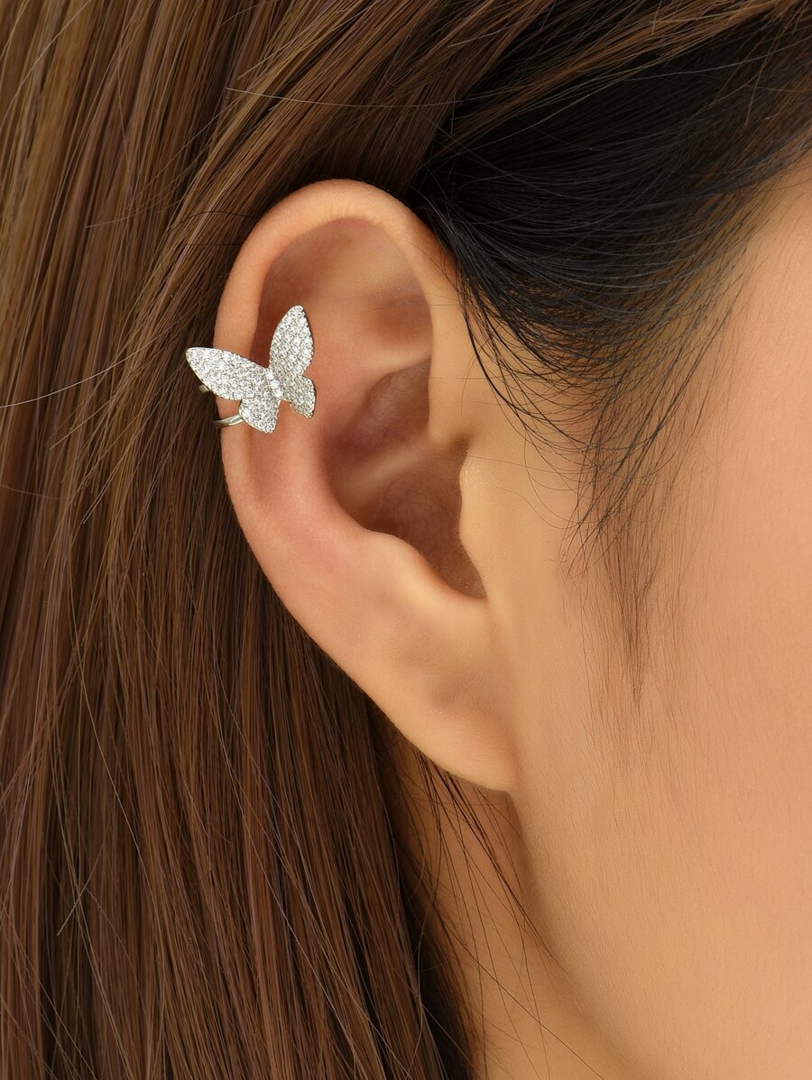 1入組方晶鋯石蝴蝶裝飾耳夾銅首飾類 - 銀色 - 查看 1