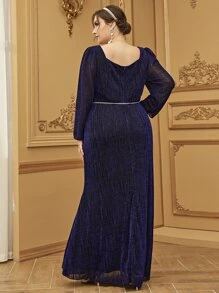 Modelyn Plus Sweetheart Neck Puff Sleeve Belted Dress - Navy Blue - View 2