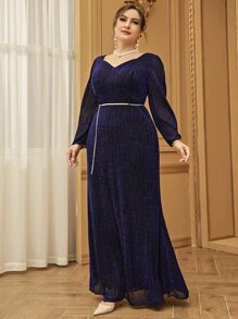 Modelyn Plus Sweetheart Neck Puff Sleeve Belted Dress - Navy Blue - View 3