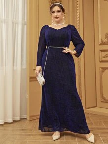 Modelyn Plus Sweetheart Neck Puff Sleeve Belted Dress - Navy Blue - View 4