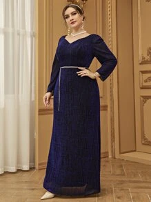 Modelyn Plus Sweetheart Neck Puff Sleeve Belted Dress - Navy Blue - View 5