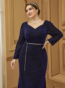 Modelyn Plus Sweetheart Neck Puff Sleeve Belted Dress - Navy Blue - View 6
