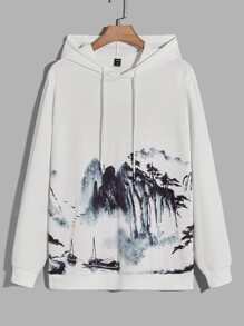 Manfinity 男士水墨畫印花抽繩連帽衫 - 白色 - 查看 1