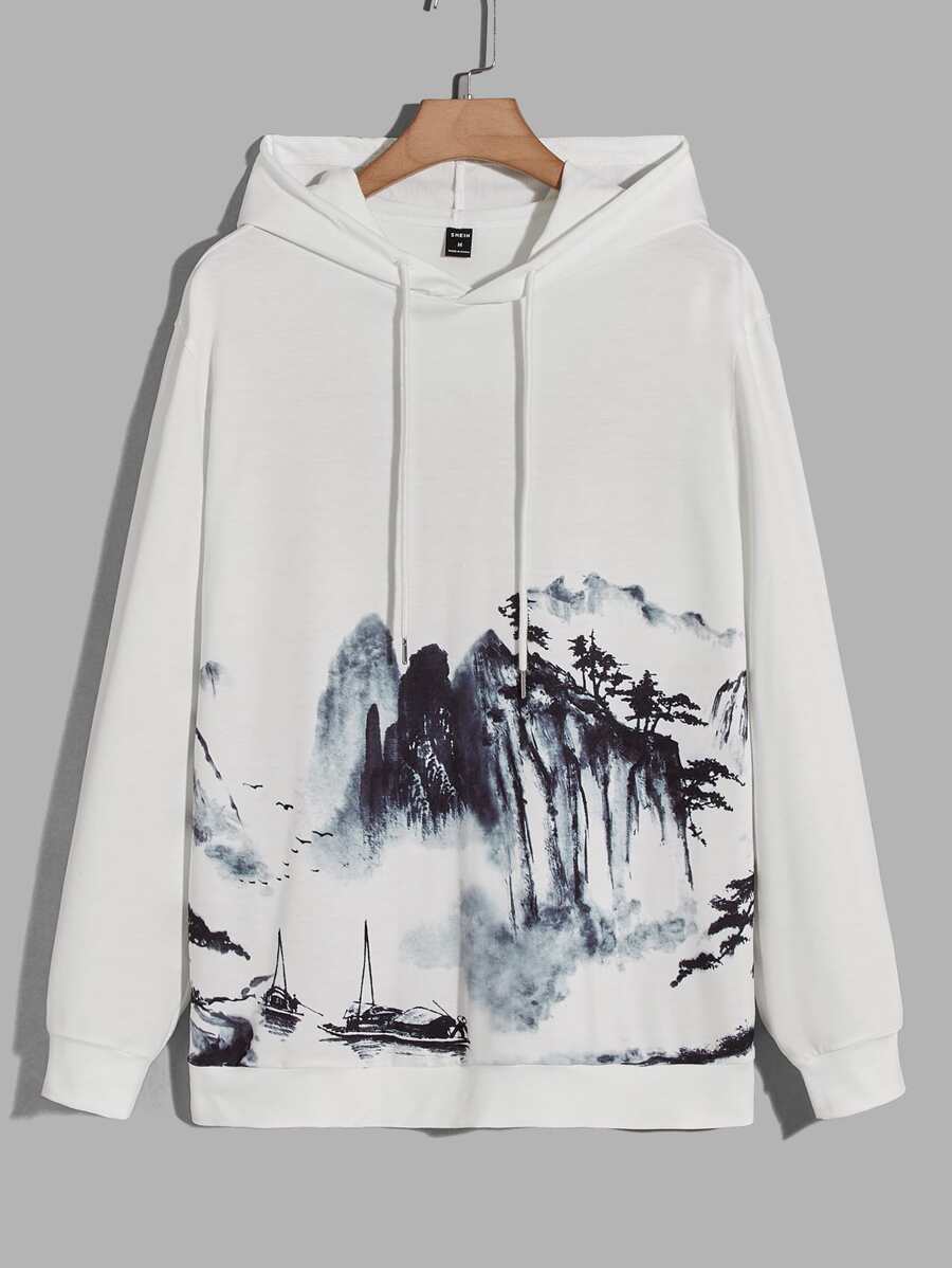 Manfinity 男士水墨畫印花抽繩連帽衫 - 白色 - 查看 1