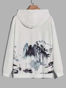 Manfinity 男士水墨畫印花抽繩連帽衫 - 白色 - 查看 2