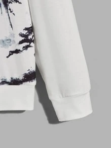 Manfinity 男士水墨畫印花抽繩連帽衫 - 白色 - 查看 4