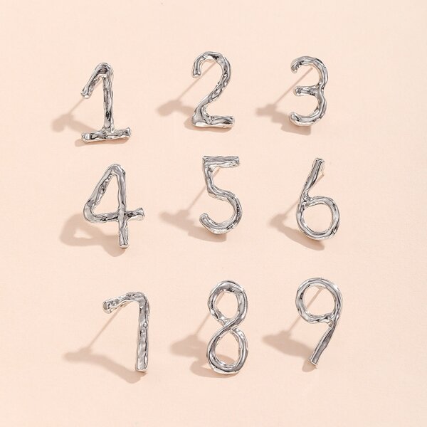 

9pcs Number Stud Earrings, Silver