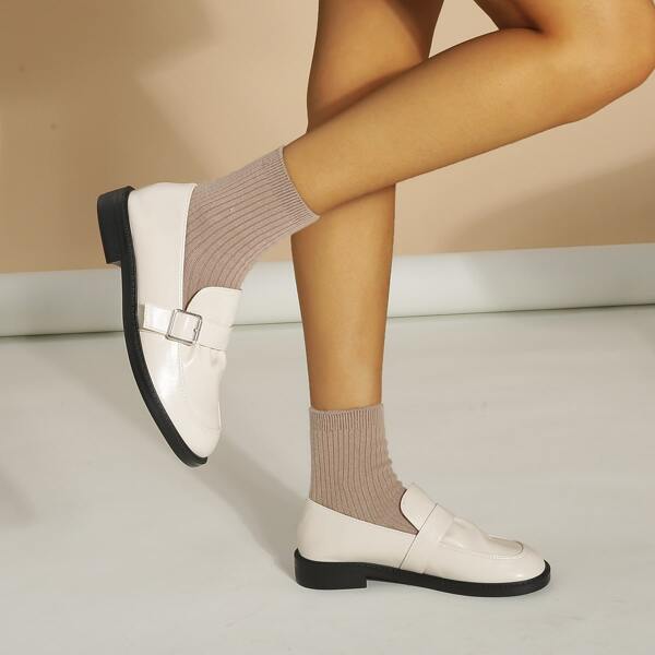 

Minimalist Buckle Slip On Loafers, Beige