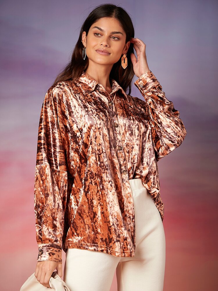 SHEIN Camisa de tie dye de hombros caídos de terciopelo - Multicolor - Añade 3