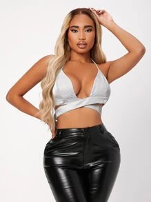 SHEIN SXY Áo hai dây Hội Chữ thập Buộc lại Thùa khuyết màu trơn Gợi cảm - Bạc - Xem 1