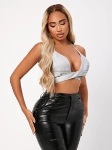 SHEIN SXY Áo hai dây Hội Chữ thập Buộc lại Thùa khuyết màu trơn Gợi cảm - Bạc - Xem 3