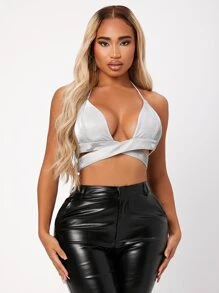 SHEIN SXY Áo hai dây Hội Chữ thập Buộc lại Thùa khuyết màu trơn Gợi cảm - Bạc - Xem 4