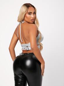 SHEIN SXY Áo hai dây Hội Chữ thập Buộc lại Thùa khuyết màu trơn Gợi cảm - Bạc - Xem 5