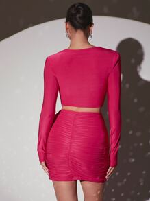 SHEIN X Georgia Toffolo Draped Collar Ruched Crop Top & Bodycon Skirt - Hot Pink - View 2