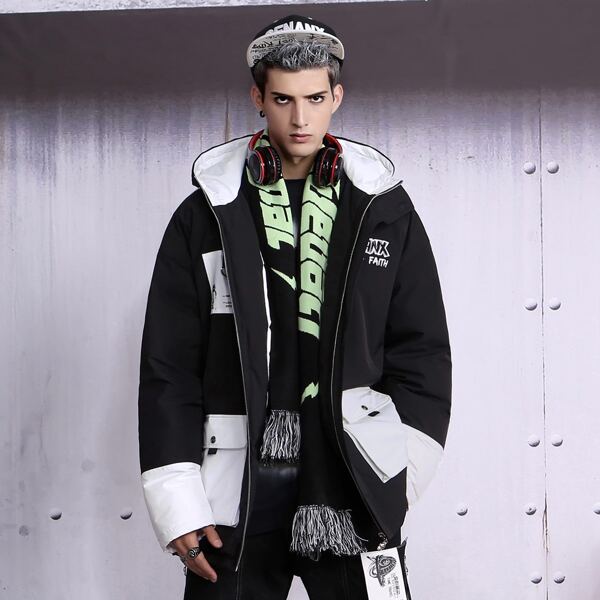 

Men Cartoon & Slogan Graphic Flap Pocket Drop Shoulder Hooded Winter Coat, Black