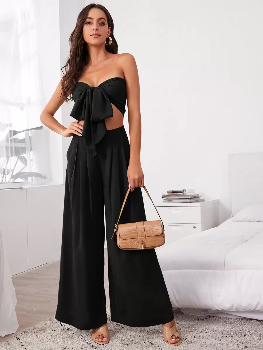 SHEIN VCAY Chất rắn Tie Trước Áo Tube Crop & Xếp nếp Quần ống rộng Cho mùa hè - màu đen - Xem 1