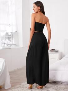 SHEIN VCAY Chất rắn Tie Trước Áo Tube Crop & Xếp nếp Quần ống rộng Cho mùa hè - màu đen - Xem 2