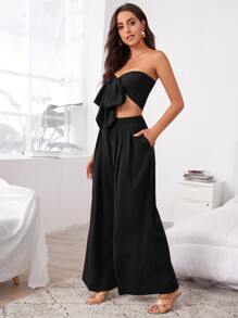 SHEIN VCAY Chất rắn Tie Trước Áo Tube Crop & Xếp nếp Quần ống rộng Cho mùa hè - màu đen - Xem 3