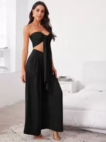 SHEIN VCAY Chất rắn Tie Trước Áo Tube Crop & Xếp nếp Quần ống rộng Cho mùa hè - màu đen - Xem 4