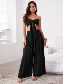 SHEIN VCAY Chất rắn Tie Trước Áo Tube Crop & Xếp nếp Quần ống rộng Cho mùa hè - màu đen - Xem 5