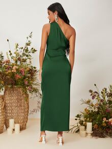 SHEIN One Shoulder Ruched Wrap Hem Satin Bridesmaid Dress - Dark Green - View 2