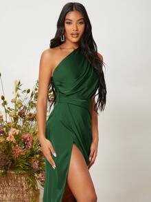 SHEIN One Shoulder Ruched Wrap Hem Satin Bridesmaid Dress - Dark Green - View 3
