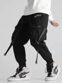 Manfinity EMRG Pantalones Cargo Holgados Para Hombres Con Detalles De Parche Y Correa Con Hebilla - Negro - Ver 1