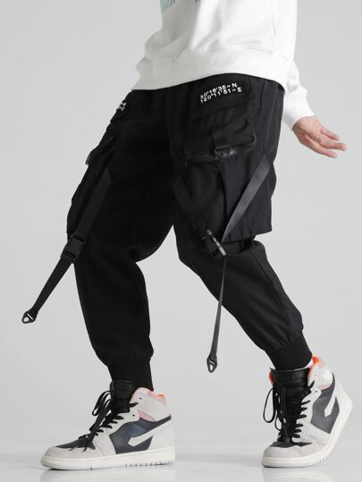 Guys Patched Buckle Ribbon Cargo Pants