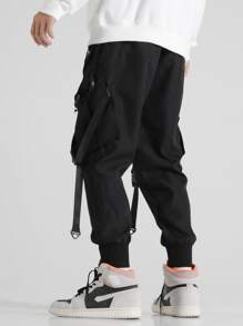 Manfinity EMRG Pantalones Cargo Holgados Para Hombres Con Detalles De Parche Y Correa Con Hebilla - Negro - Ver 2