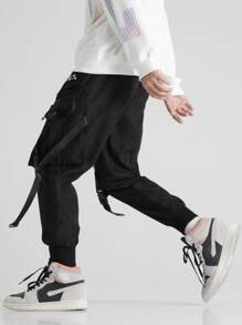 Manfinity EMRG Pantalones Cargo Holgados Para Hombres Con Detalles De Parche Y Correa Con Hebilla - Negro - Ver 3