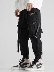 Manfinity EMRG Pantalones Cargo Holgados Para Hombres Con Detalles De Parche Y Correa Con Hebilla - Negro - Ver 5