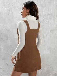 SHEIN PETITE Solid Corduroy Pinafore Dress Without Jumper - Brown - View 2