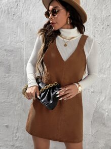 SHEIN PETITE Solid Corduroy Pinafore Dress Without Jumper - Brown - View 3