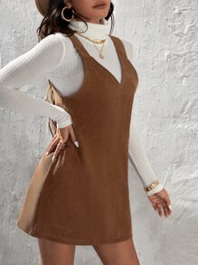 SHEIN PETITE Solid Corduroy Pinafore Dress Without Jumper - Brown - View 5