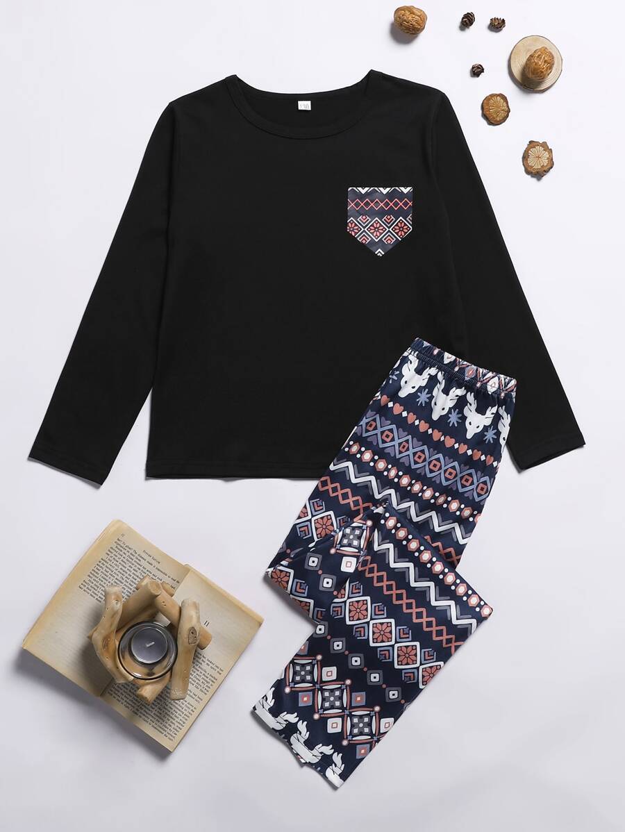 Girls Contrast Geo Panel Tee & Trousers PJ Set - Multicolor - View 1